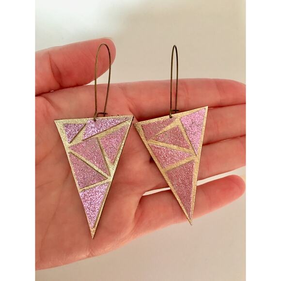 Artisan Handmade Pink and gold Geometric leather statement earrings. - Picture 6 of 10